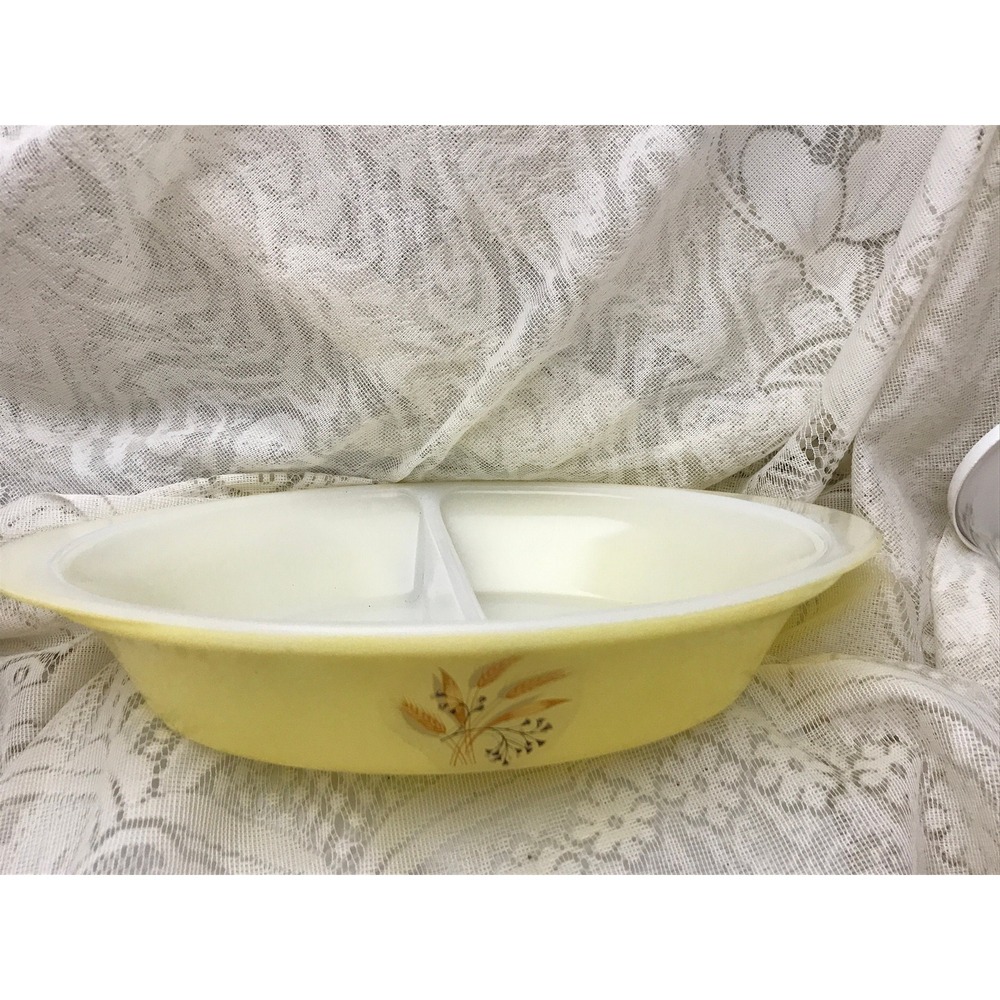 Vintage Glasbake, Yellow Wheat Design, Divided Casserole Dish, Mid‎ Century, USA
